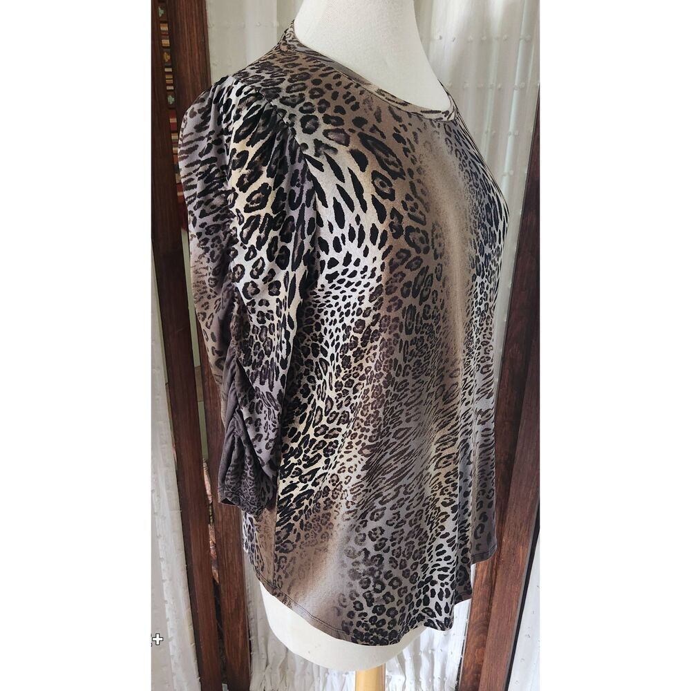 F82 Toni Morgon brown & black leopard print stretchy knit top 3/4 ruched sleeves